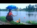 Fishing Video || The Beautiful Lady Fish Catching in Village Pond on Heavy Rainy Weather ☁️ 🌧️
