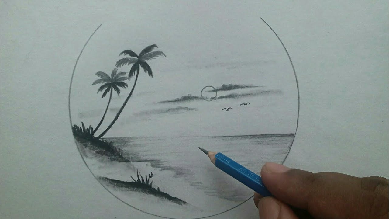 How to draw simple scenery drawing of beach step by step / pencil ...