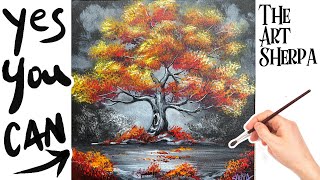 EASY  how to Draw and paint Autumn Tree ?? How to paint acrylics for beginners: Paint Night at Home