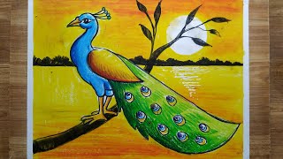 how to draw a peacock with oil pastel color,easy peacock drawing,sunset scenery drawing,bird drawing