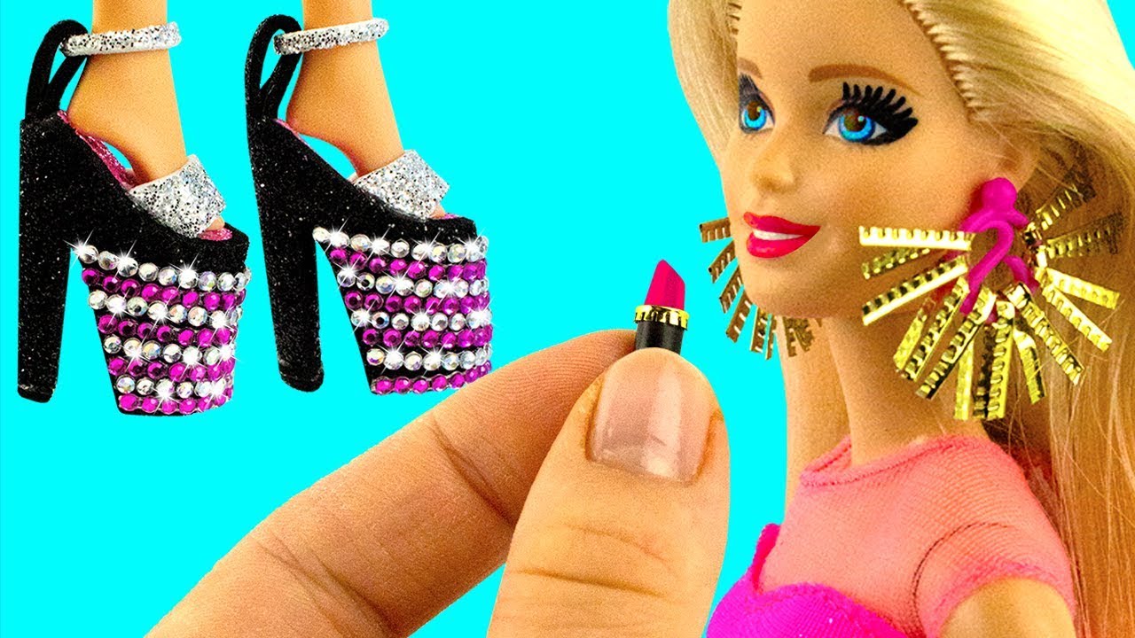 13 DIY BARBIE HACKS  Miniature Earrings Hand Bags Lipstick Shoes  Mirror AND MORE  YouTube