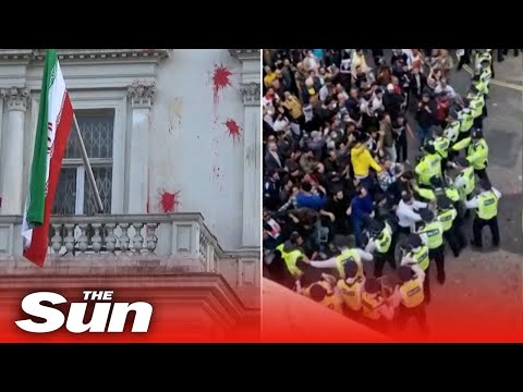 Five police in hospital after violent clashes at anti-Iran demo in London.