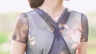 Mã A2547 Giá 1340K Đầm Váy Trung Niên Shal Dáng Xòe Hoa Cổ Chữ V Quần Áo Nữ Chất Liệu Polyester