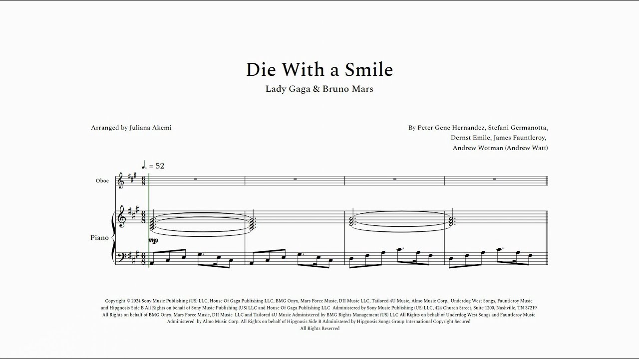 Die With a Smile - Bruno Mars & Lady Gaga | OBOE PIANO SHEET MUSIC PDF | Arrangify