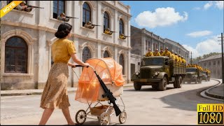 Japanese convoy parades,but a lady pushing baby stroller pulls out a machine gun and mows them down.