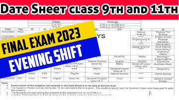 Final Exam Date Sheet 2023 Class 9th to 11th | Evening Shirt Students
