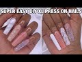 Classy Pink &amp; White Nails | Super Easy DIY Press On Nails | Tapered Square | Marble, Glitter, Pixies