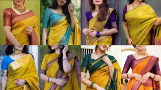 Yellow Colour Silk Sarees With Contrast Blouse Designs Yellow Colour Saree Blouse Design Ideas