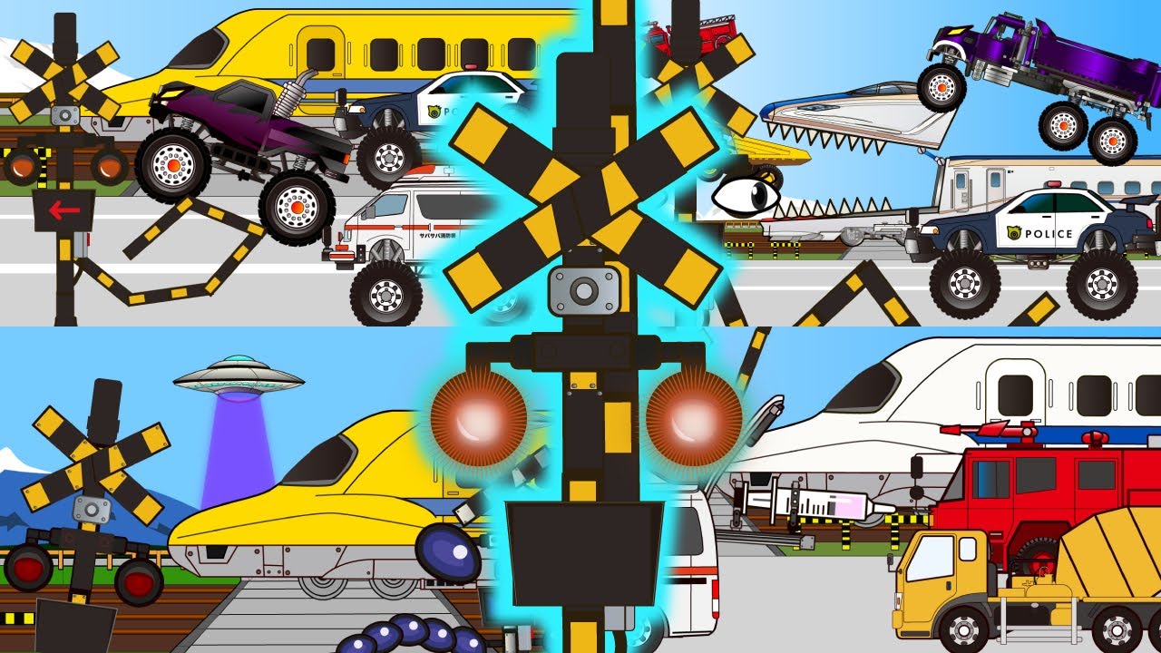 踏切アニメ モンスタートラックとパトカーと救急車など 電車・動画人気まとめ2　Railroad Crossing and train railway level crossover