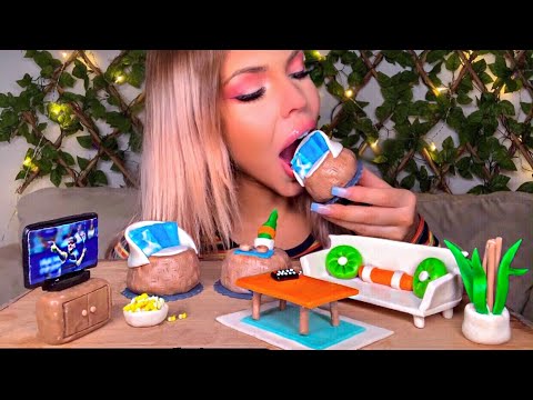 ASMR EATING MINI FURNITURE, EDIBLE BOHEMIAN LIVING ROOM, EDIBLE COUCH, TV, REMOTE, TABLE 먹방 MUKBANG