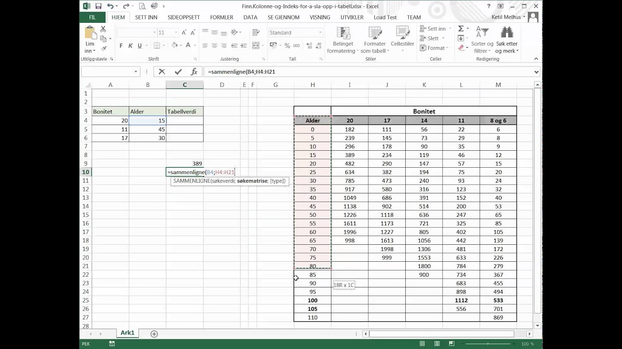 Excel Pa Norsk Bruke Finn Kolonne Og Sammenligne For A Finne