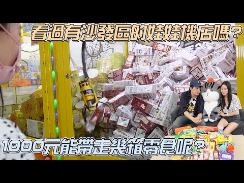 【1000元挑戰】零食飲料大崩落！你有看過附設沙發區的夾娃娃機店嗎？一中街佛心零食臺沙發馬鈴薯！|店裡有隻貓