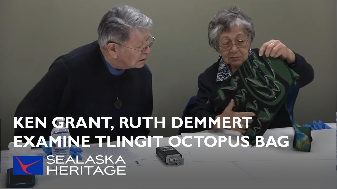 Tlingit Elders Ken Grant, Ruth Demmert Examine Octopus Bag