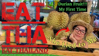 First Time Eating Durian Fruit (Reaction) - Thai Food - Thai Street Food Market - Sampling Thai Food