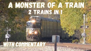 A monster of a train pulls into town for a crew change 'DPU' running hard  '2 trains in 1'