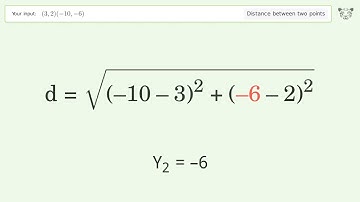 Find the distance between two points p1 (3,2) and p2 (-10,-6): Step-by-Step Video Solution
