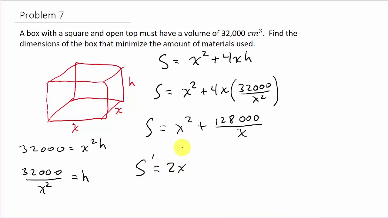 Optimization Minimize Surface Area Of A Box Given The Volume Youtube