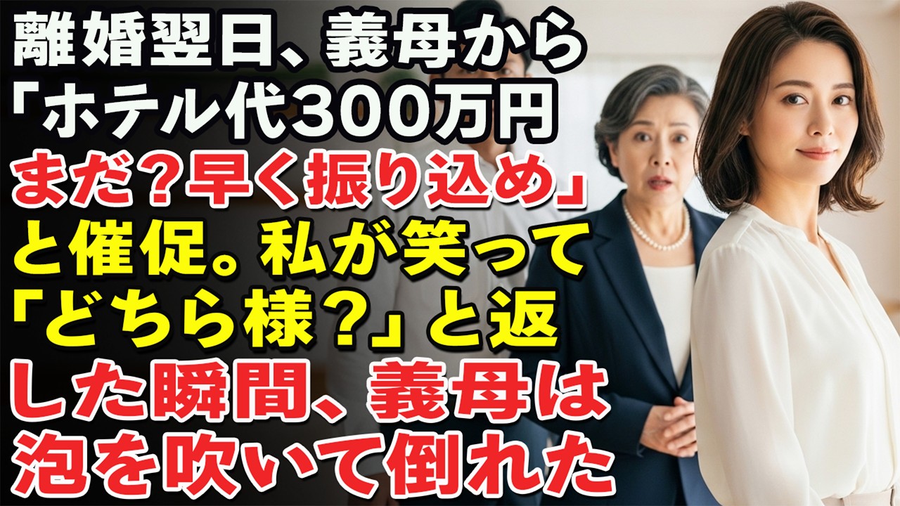 離婚翌日、義母から「ホテル代300万円まだ？早く振り込め」と催促。私が笑って「どちら様？」と返した瞬間、義母は泡を吹いて倒れた――