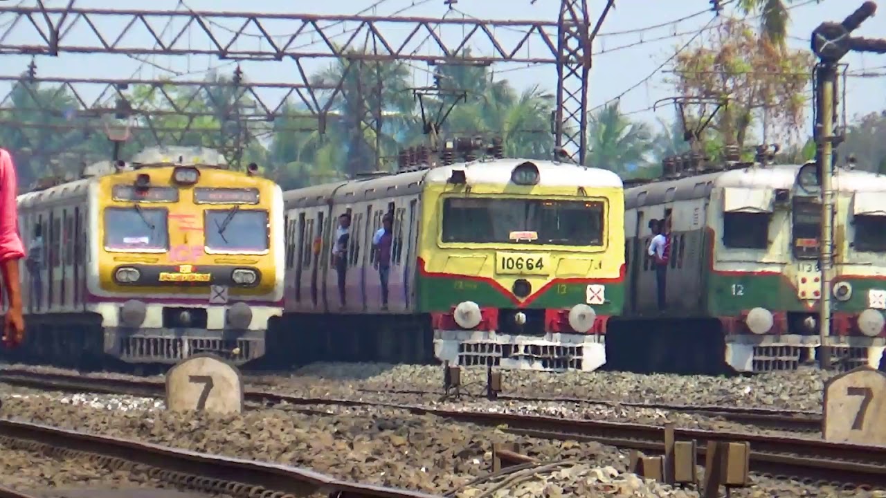 Three EMU Local trains crossing & at one point three generation Local trains lined up side by side