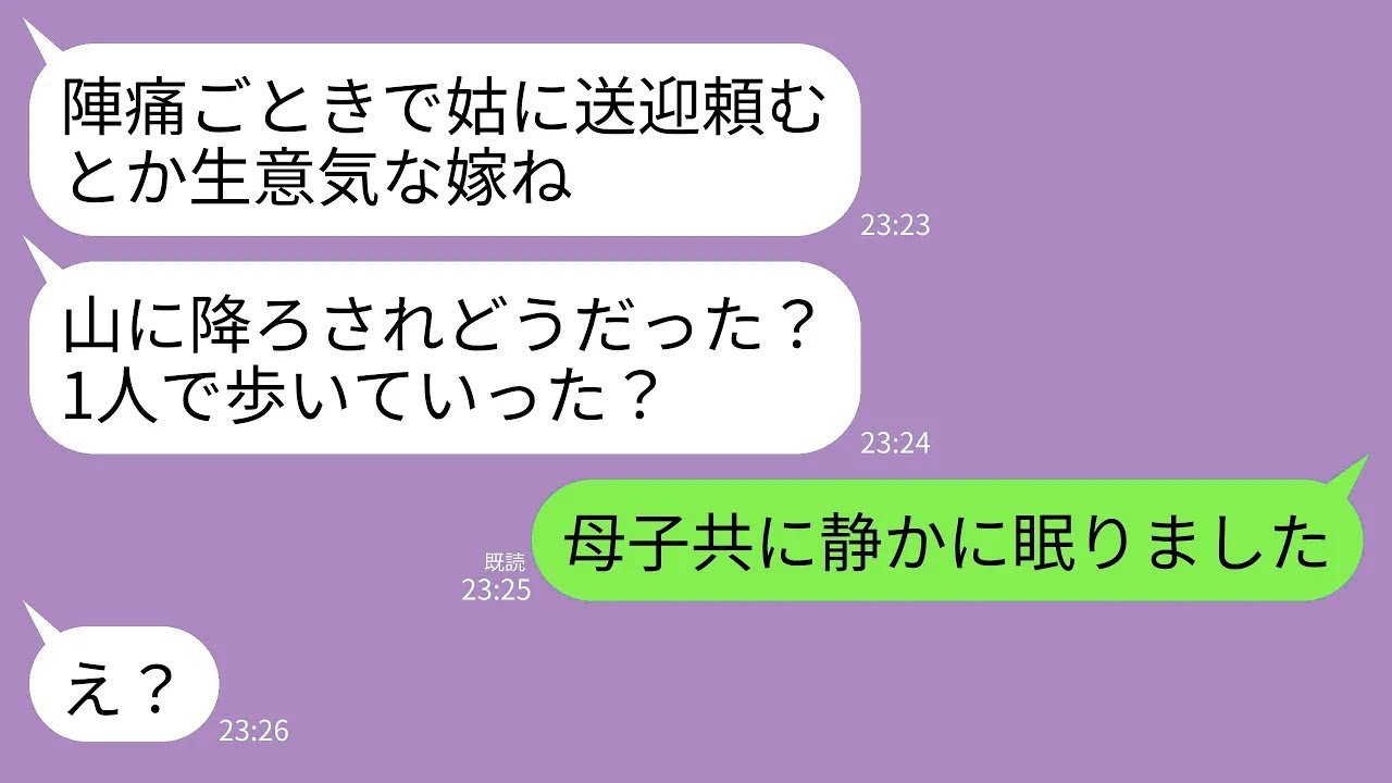 【LINE】陣痛が始まったので送迎役の義母に病院まで頼むと、途中の山で降ろされた…。義母「このくらいの試練がお似合いw1人で行け」→数時間後、衝撃の事実を知った義母がガタガタ震え出し…