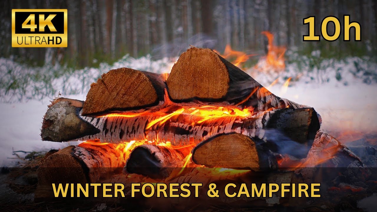 10 Hours of Relaxing Campfire in the Snowy Winter Forest Natural Ambience & Crackling Sounds 4K UHD