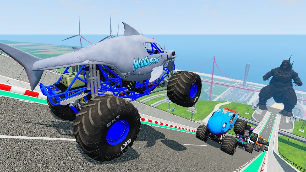 Epic Hight Speed monster trucks Jumps & Crash #005 in BeamNG Drive_BMNG 100K