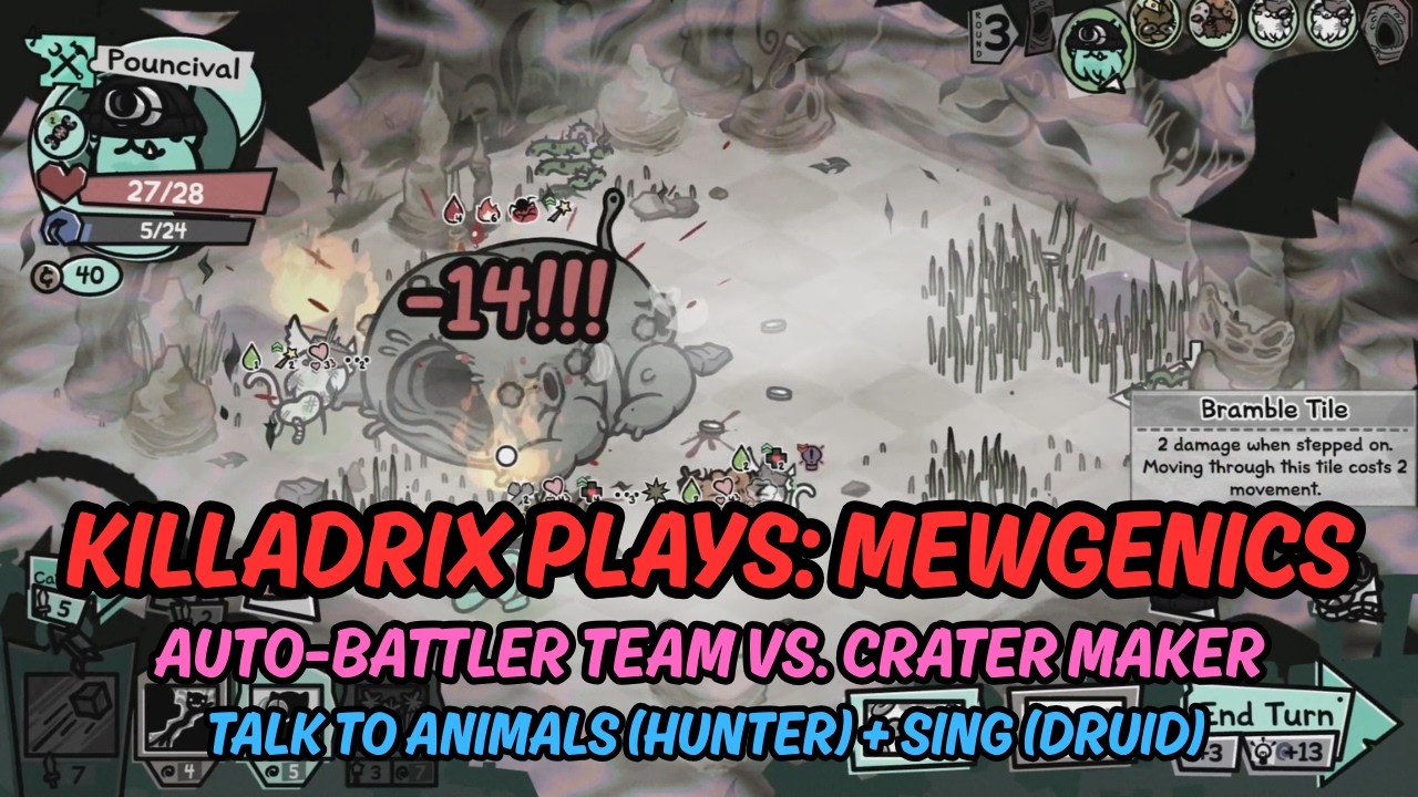 Mewgenics | Auto-Battle Team vs. Crater Maker: Talk to Animals (Hunter) + Sing (Druid).