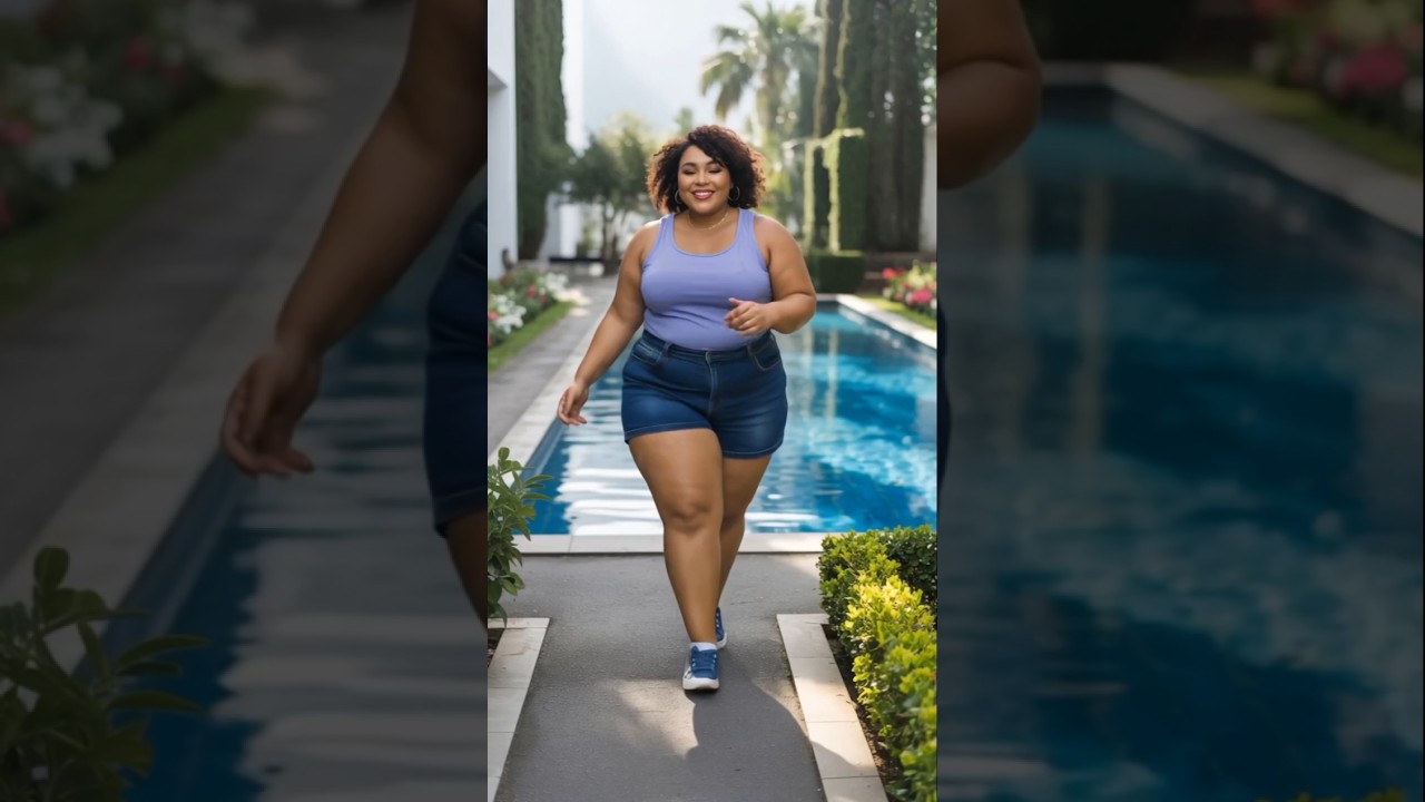 "Purple top glow 💜 Beautiful curvy fashion walk in denim shorts with style! 