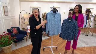 Joan Rivers On-Front Y-Neck Floral Printed Denim Shirt On Qvc