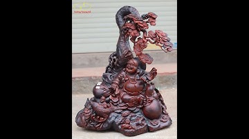 Tượng gỗ: Di Lặc tam tiểu ngồi dưới gốc Tùng|gỗ Trắc đỏ đen siêu đẹp|xưởng tượng gỗ