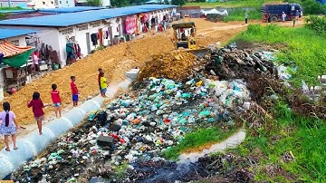 Full Complete100% Project! Filling Land, Garbage Dump & Clear Pushing Trash Into​ Pit By Skill Dozer