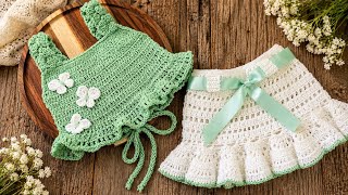 كروشيه ترند الصيف اجمل بلوزة بناتي/2026 (بلوزة +شورط+تنورة) | Luxury Crochet Baby Set Tutorial