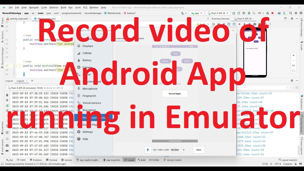 How to record video of your App running in emulator or device from Android  Studio? - YouTube