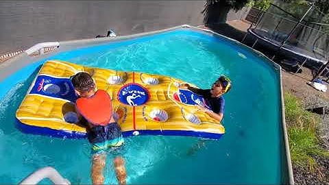 Nik and Noah Playing their Shaq Pool Basketball Game in their Costco Bestway Pool