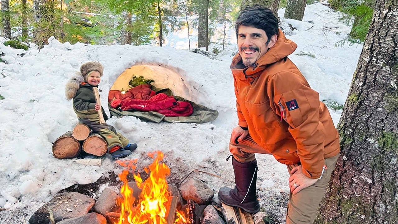 Winter Survival Camping in a Snow Cave With my  3 yr Old Son