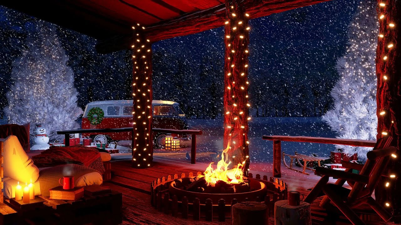 Cozy Christmas Cabin Porch Ambience - Crackling Fireplace and Blizzard Sound for Relaxation 4K