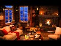Cozy winter cabin with smooth jazz piano music fire place and snowfall for relax study and work