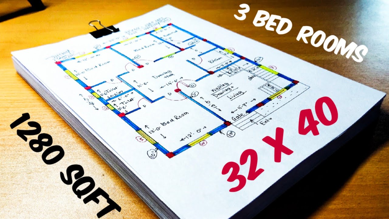 32 x 40 sqft house plan with 3 bed rooms II 1280 sqft ghar ka design II 3 bhk house design