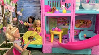 Barbie and Ken at Barbie's Dream House with Barbie's Sister Chelsea and New Playhouse and Toys