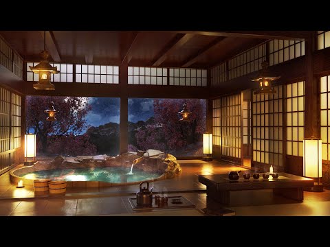 Видео: Японская атмосфера онсэн - звуки воды с музыкой фортепиано, флейты и кото для расслабления