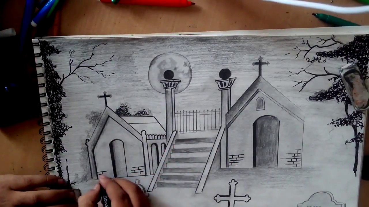 how to draw graveyard scene - YouTube