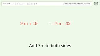 Linear equation with one unknown: Solve 5m+19+4m=-35-7m+3 step-by-step solution