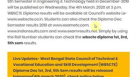 WBSCTE Diploma results 2019-20 1st, 3rd, 5th Sem Dec Result @ webscte.co.in