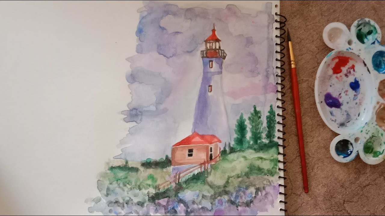 Watercolor lighthouse painting tutorial / step by step painting ...