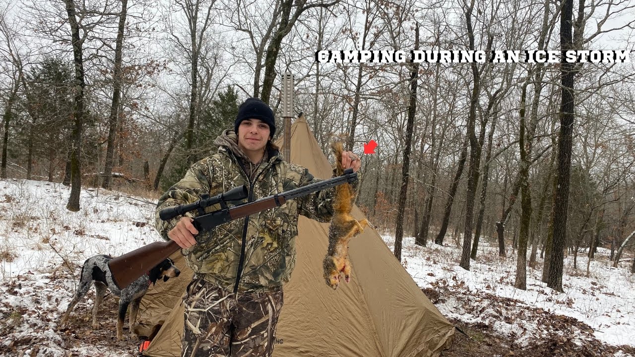 Overnight HOT TENT Camping Challenge! CATCH WHAT I EAT! (ICE STORM)