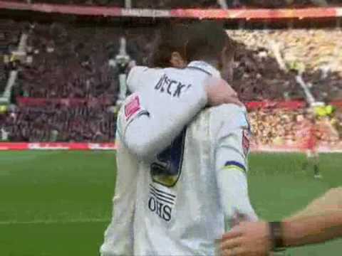 Jermaine Beckford scores for Leeds United here in the FA Cup 3rd Round at Old Trafford. United won the game 1-0 in front of 9000 of the travelling White Army.