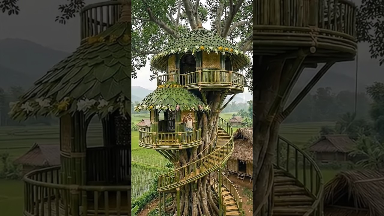 A village man building a beautiful tree house from bamboo and leaves 