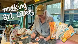 mixed media cards: drawing cats, layering paper trash