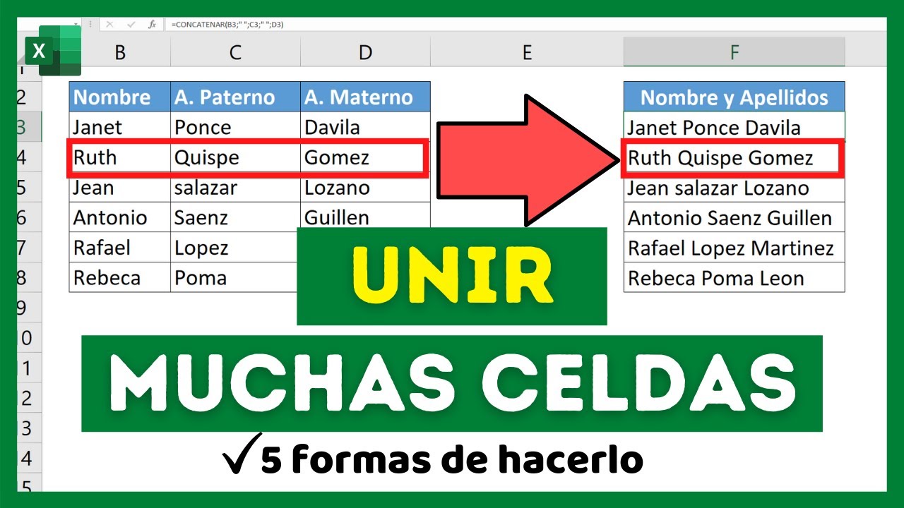 Cómo Unir Texto De Varias Celdas En Una Sola En Excel 5 Métodos Youtube