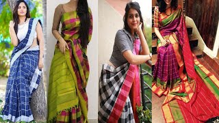 2023 Beautiful check sarees with contrast blouse designs, check saree designs ideas collections screenshot 3